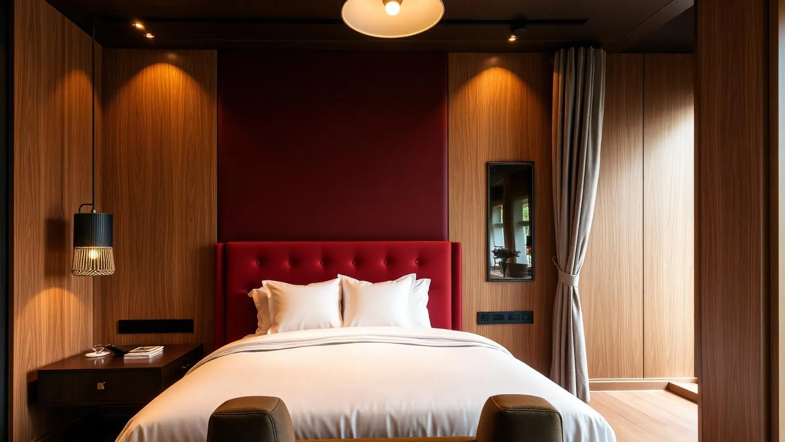 Kamar tidur utama dengan headboard burgundy berlapis beludru dan panel dinding kayu jati garapan Pintujhdotcom.