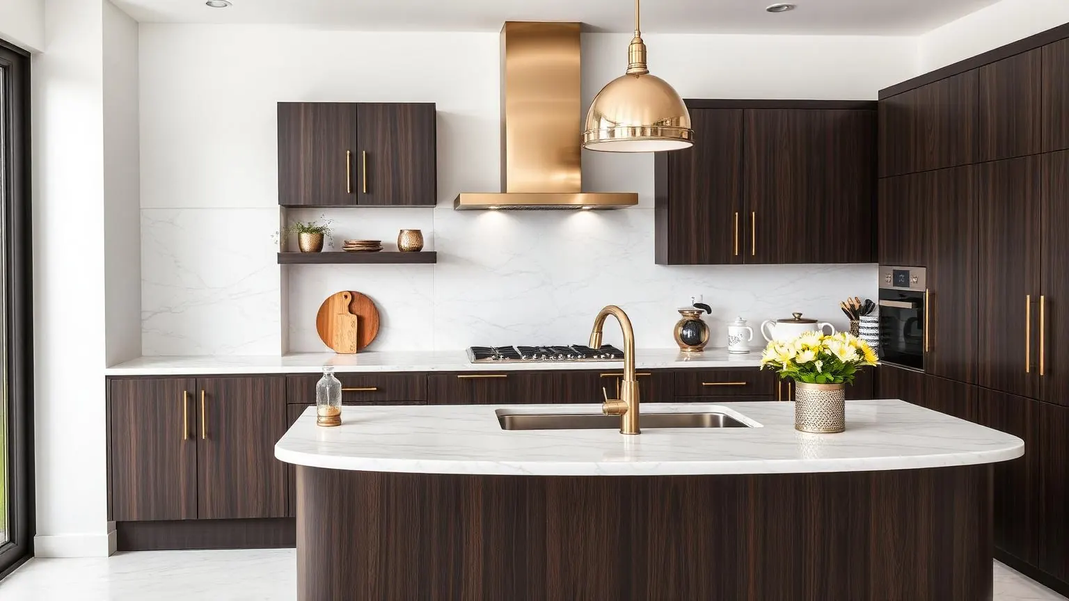 Kitchen set custom dengan kabinet kayu gelap dan handle kuningan emas hasil pengerjaan Pintujhdotcom Sidoarjo.
