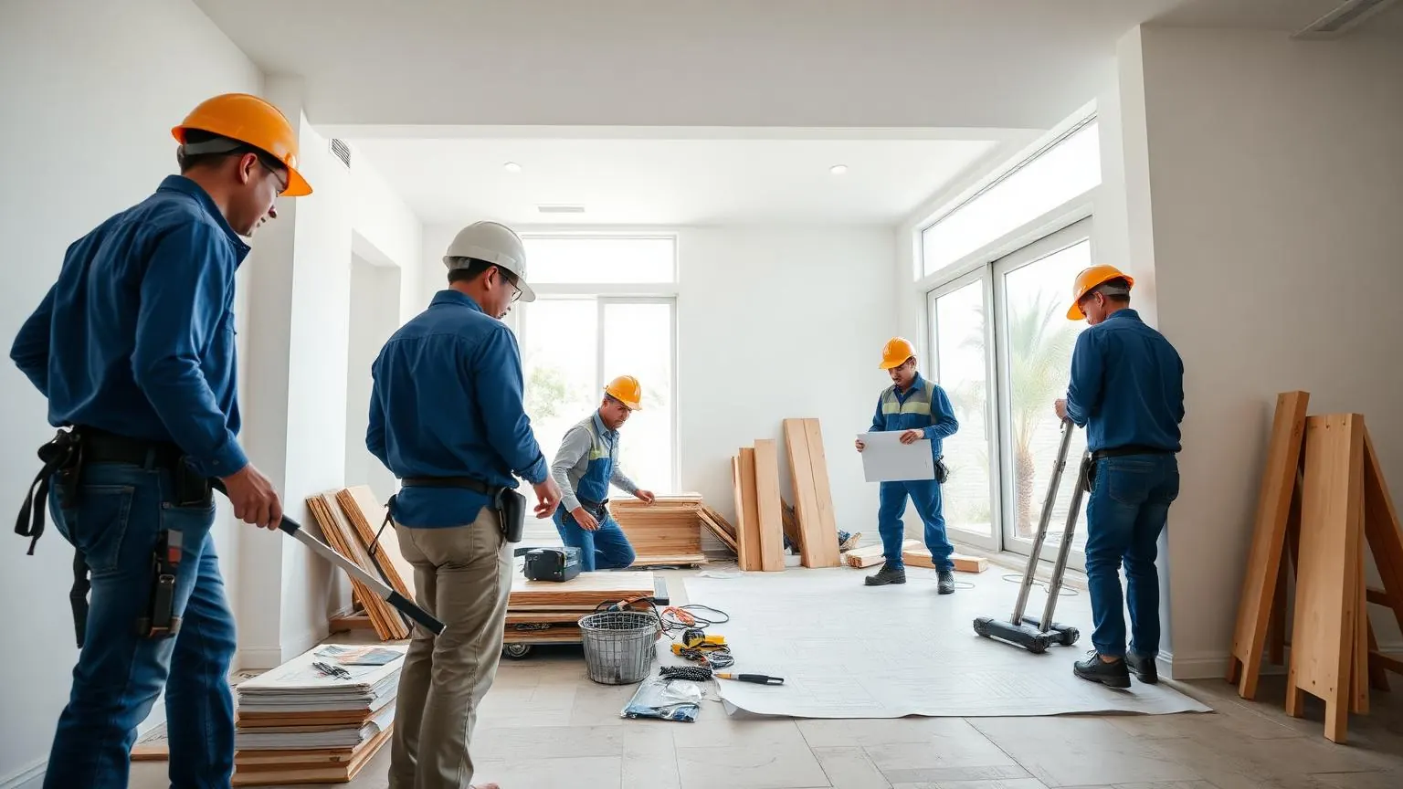 Tim kontraktor profesional sedang mengerjakan renovasi interior rumah modern di Sidoarjo dengan peralatan lengkap.