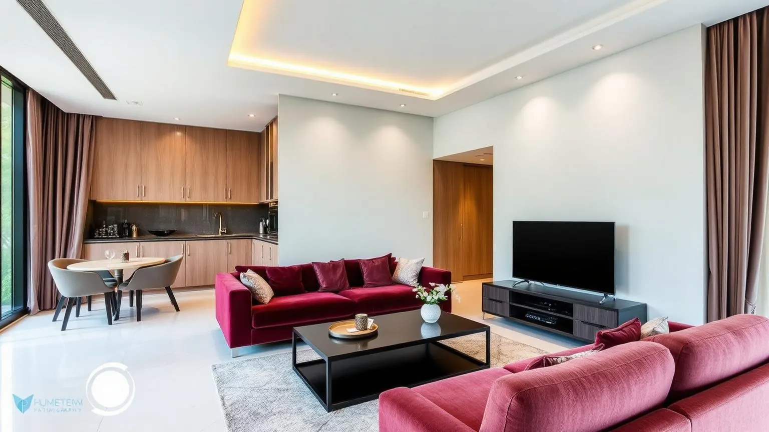 Interior apartemen Surabaya yang baru direnovasi dengan sofa beludru burgundy dan jendela floor to ceiling.